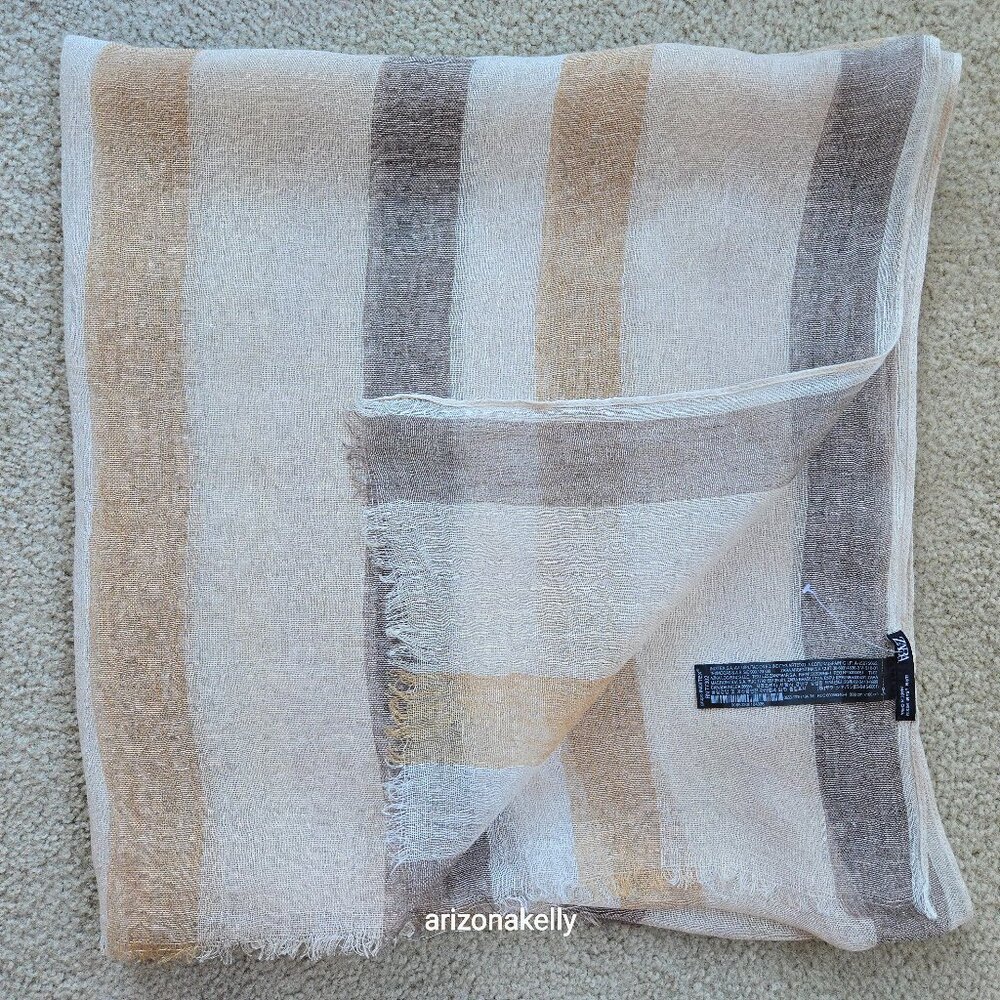 Zara NWOT Linen Scarf Neutral Earth Tones Stripes Large - Picture 1 of 8